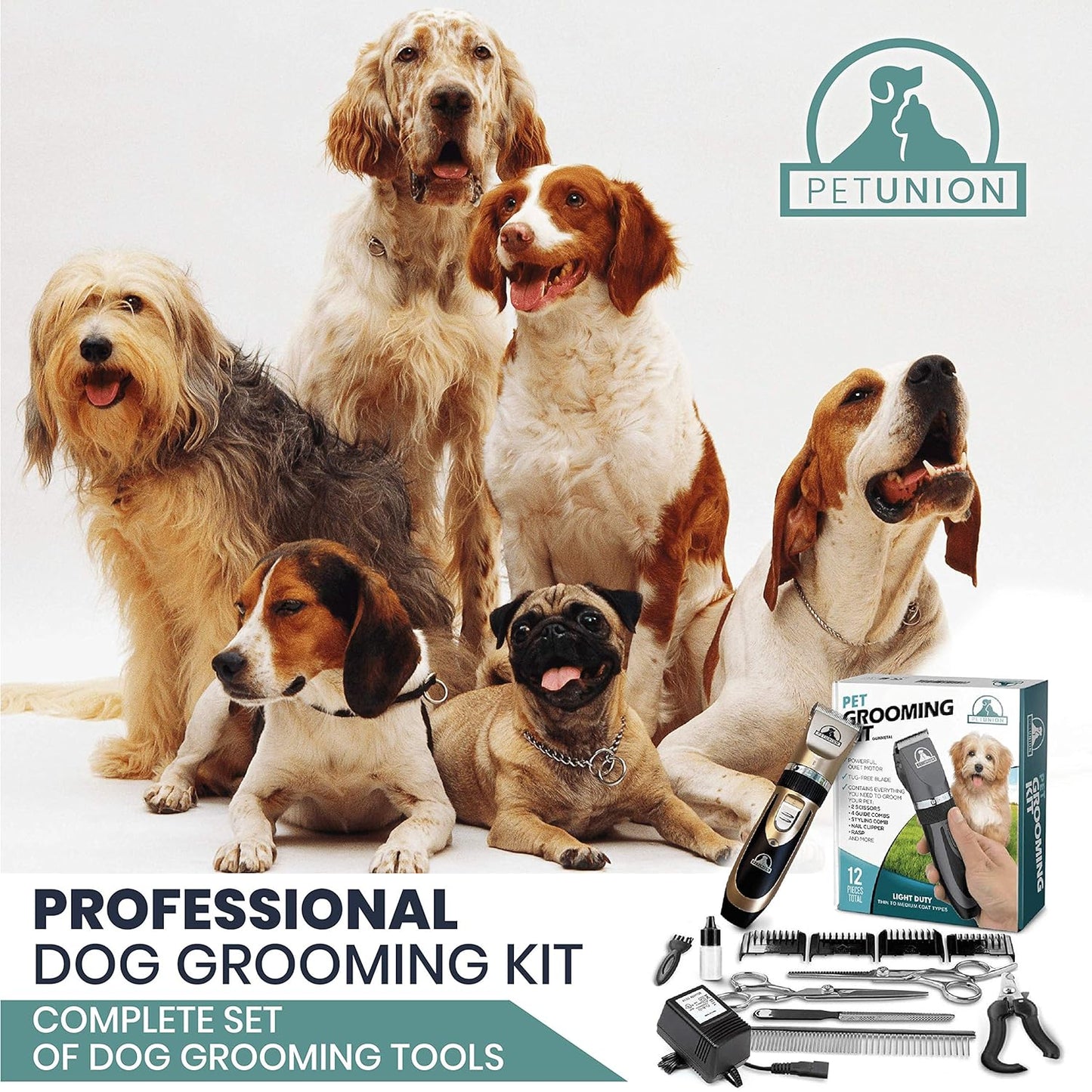 Pet Union Professional Dog Grooming Kit - Cordless Low Noise Dog Clippers for Grooming Thick Coats - All Pet Safe Cat Hair Trimmer - Pet Grooming Kit Includes Dog Hair Clippers, Nail Trimmer & Shears