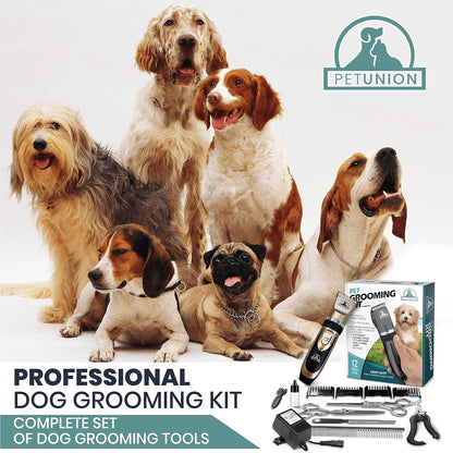 Pet Union Professional Dog Grooming Kit - Cordless Low Noise Dog Clippers for Grooming Thick Coats - All Pet Safe Cat Hair Trimmer - Pet Grooming Kit Includes Dog Hair Clippers, Nail Trimmer & Shears