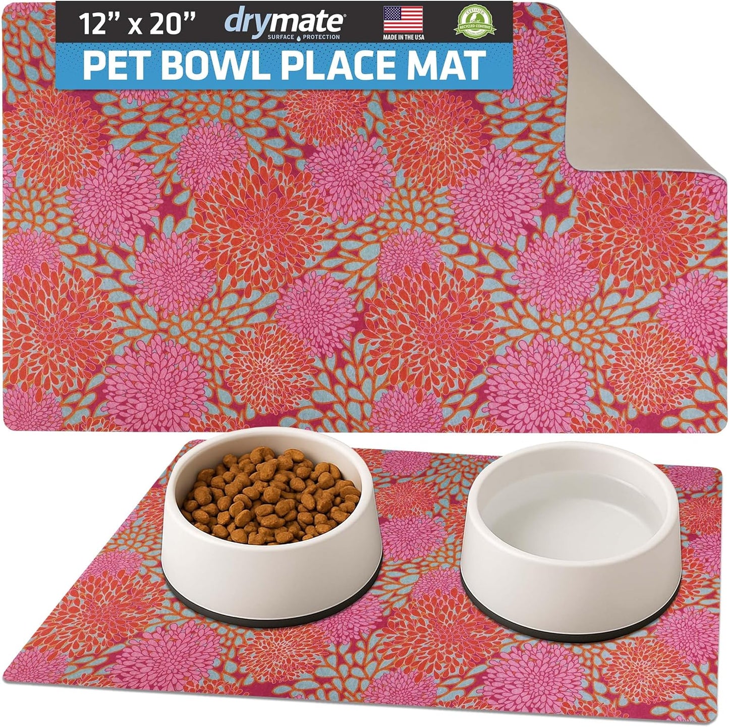 Drymate Pet Bowl Placemat, Dog & Cat Food Feeding Mat - Absorbent Fabric, Waterproof Backing, Slip-Resistant - Machine Washable/Durable (USA Made) (12” x 20”) (Indigo)