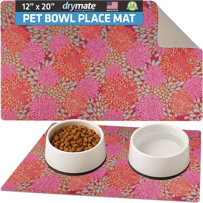 Drymate Pet Bowl Placemat, Dog & Cat Food Feeding Mat - Absorbent Fabric, Waterproof Backing, Slip-Resistant - Machine Washable/Durable (USA Made) (12” x 20”) (Indigo)