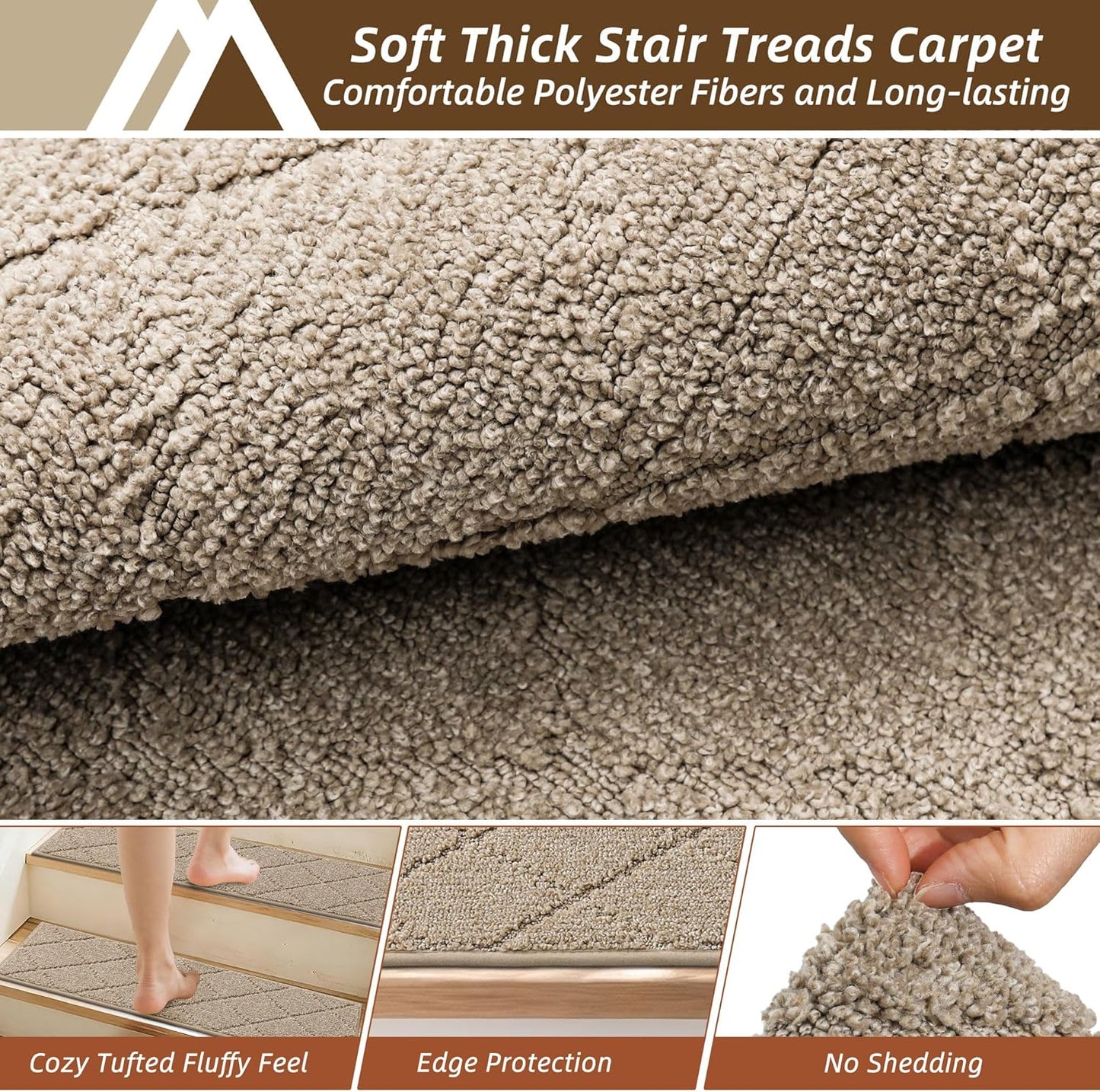 COSY HOMEER Edging Stair Treads Non-Slip Carpet Mat 28inX9in Indoor Stair Runners for Wooden Steps, Edging Stair Rugs for Kids and Dogs, 100% Polyester TPE Backing (7pc, Beige)