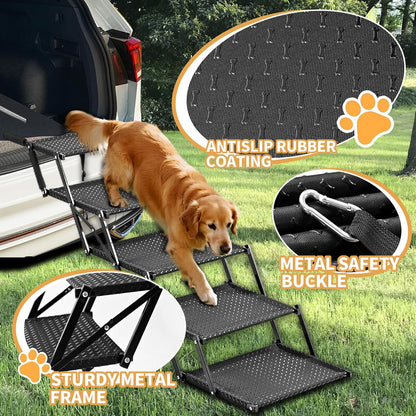 Dog Stairs for Car - Foldable 5-Step Non-Slip Pet Stairs for Home, Lightweight Dog Steps for Senior & Small Dogs to SUV, Truck, Bed - Supports 200 lbs