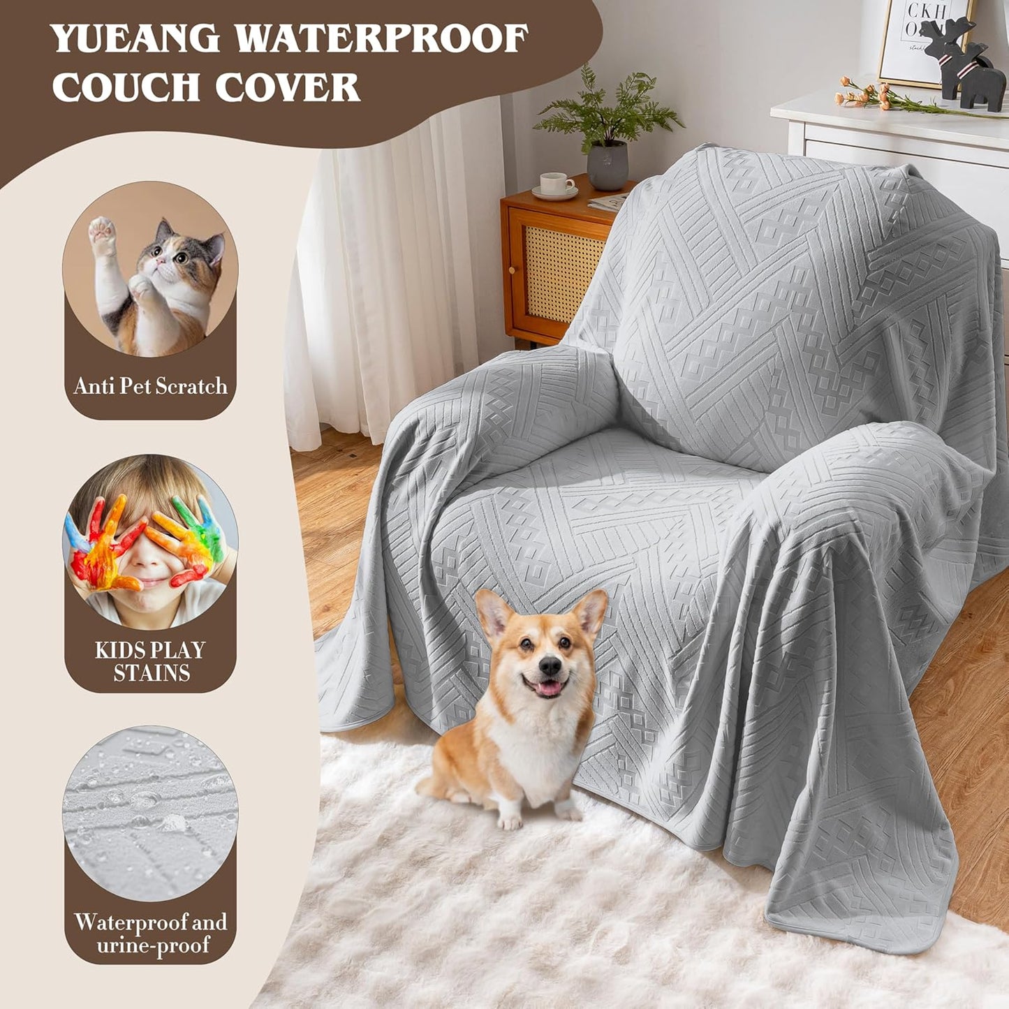 Waterproof Couch Cover, Reversible, Pet-Friendly, Washable and Anti-Slip Couch Covers for Sofa Protection with 3 Cushions, Sofa Slipcovers for Dogs and Cats (71×118in/Brown)