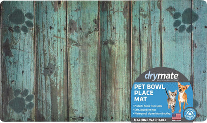 Drymate Pet Bowl Placemat, Dog & Cat Food Feeding Mat - Absorbent Fabric, Waterproof Backing, Slip-Resistant - Machine Washable/Durable (USA Made) (12” x 20”) (Indigo)
