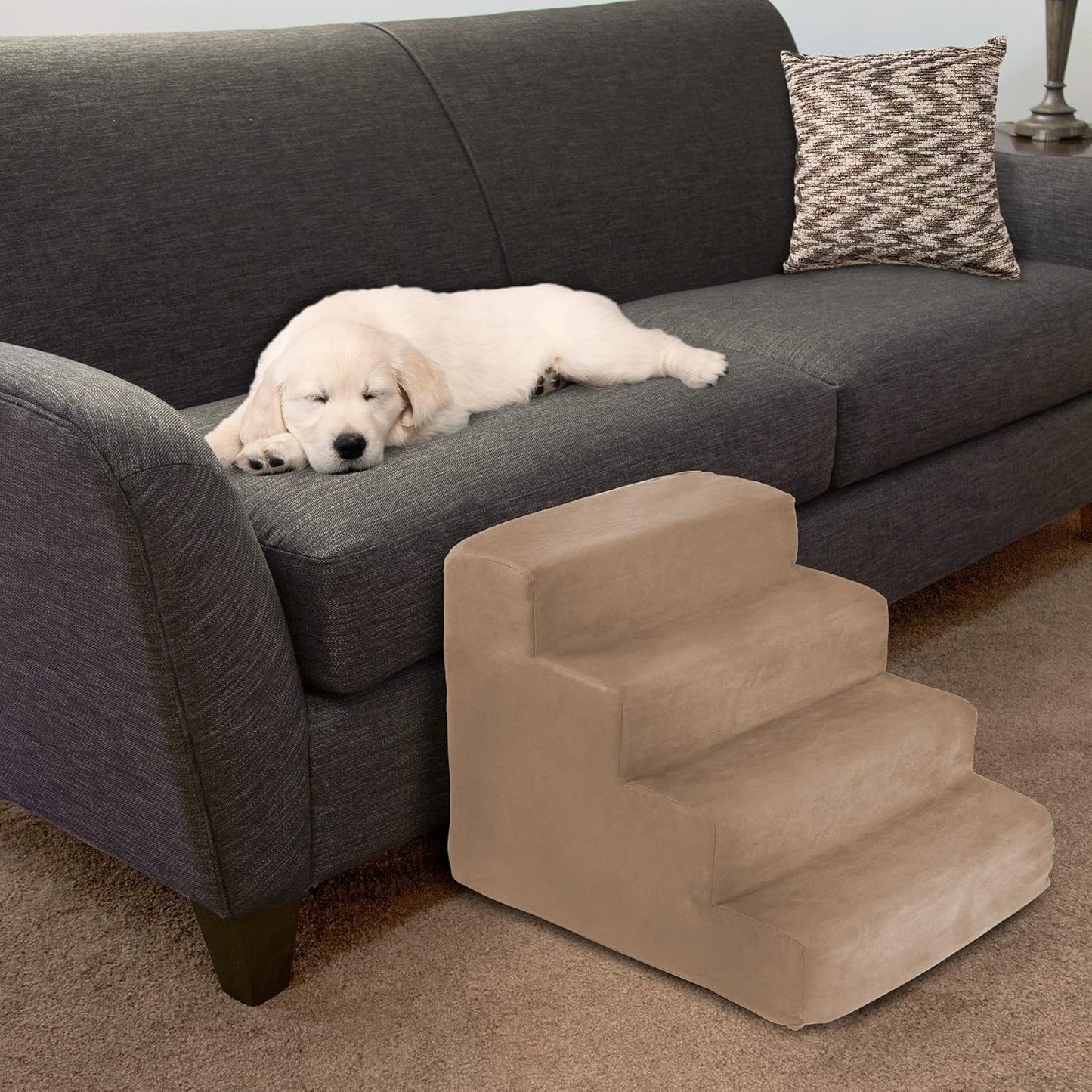3-Step Pet Stairs - Nonslip Foam Dog and Cat Steps with Removable Zippered Microfiber Cover - 2-Tone Design for Home or Vehicle Use by PETMAKER (Tan)