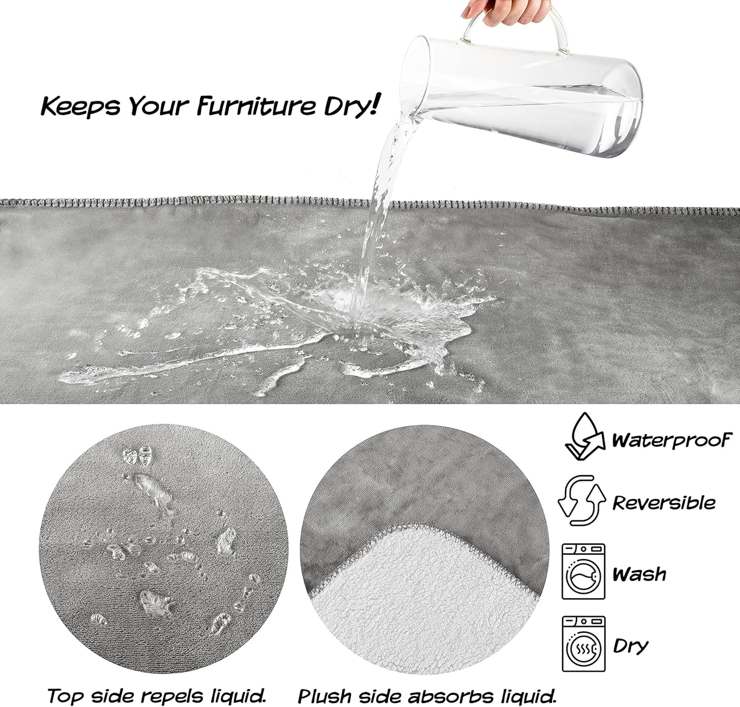 Waterproof Pet Blanket - 50x60-Inch Reversible Sherpa Fleece Throw Protects Couches, Cars, and Beds from Spills, Stains, and Fur by PETMAKER (Gray)