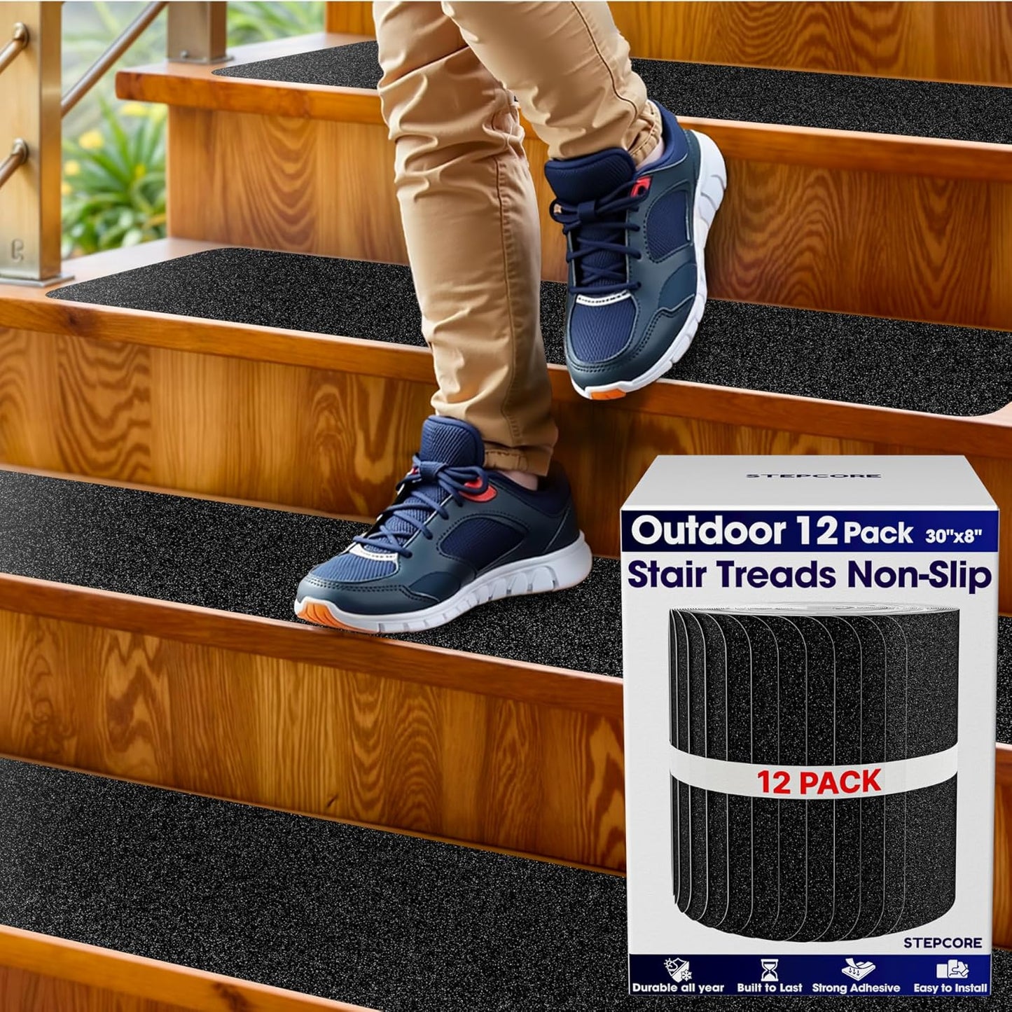 Clear Non Slip Stair Treads for Wooden Steps Indoor 30"x6" – 15-Pack Peel Stick Stair Treads – Self Adhesive Transparent Step Covers – Stair Grip Tape for Dogs, Kids – by STEPCORE