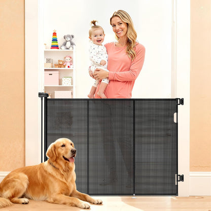 Retractable Baby Gate for Stairs, 42" Tall X 200" Wide Mesh Dog Gate Indoor, Child Gate for Doorways, Hallways, Deck, Indoor Outdoor Pet Baby Safety Essentials for Home, Black