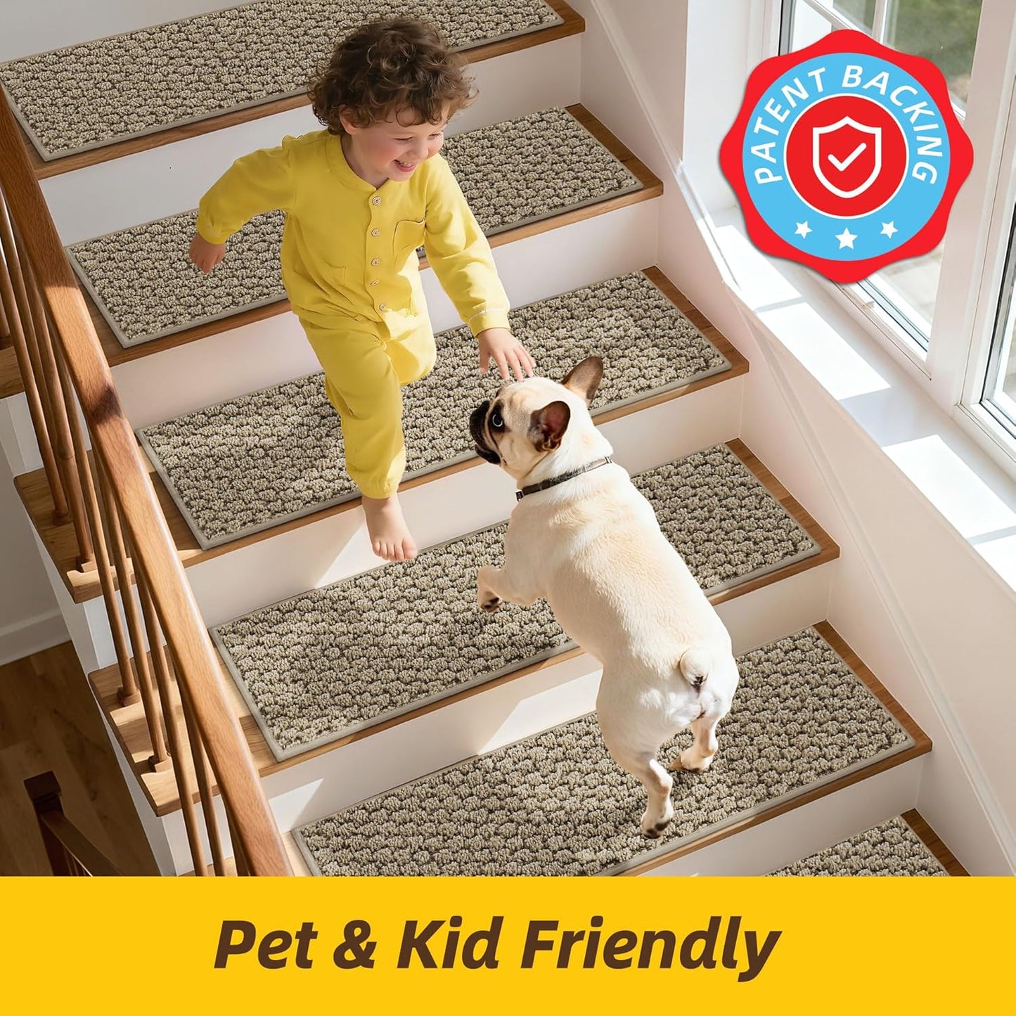 JSEI Stair Treads for Wooden Steps, 14 Pack 9" X 28" Non-Slip Machine Washable Carpet Stair Treads with TPE Backing, Soft Indoor Stair Rug Runner for Kids Elders & Pets, 100% Polyester, Greyish Brown