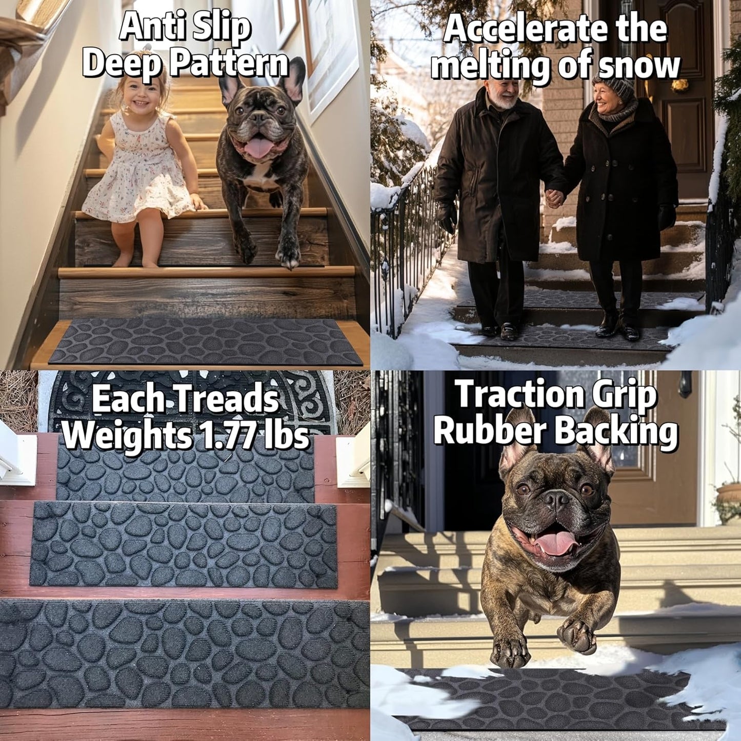 Aucuda 2pcs 8.5" x 30" Stair Treads Outdoor for Elders and Dogs on Wooden Steps, Non Slip Stair Runner Rug Heat Insulation Rubber Backing, Gray Staircase Mat Carpet for Indoor Grip Farmhouse.