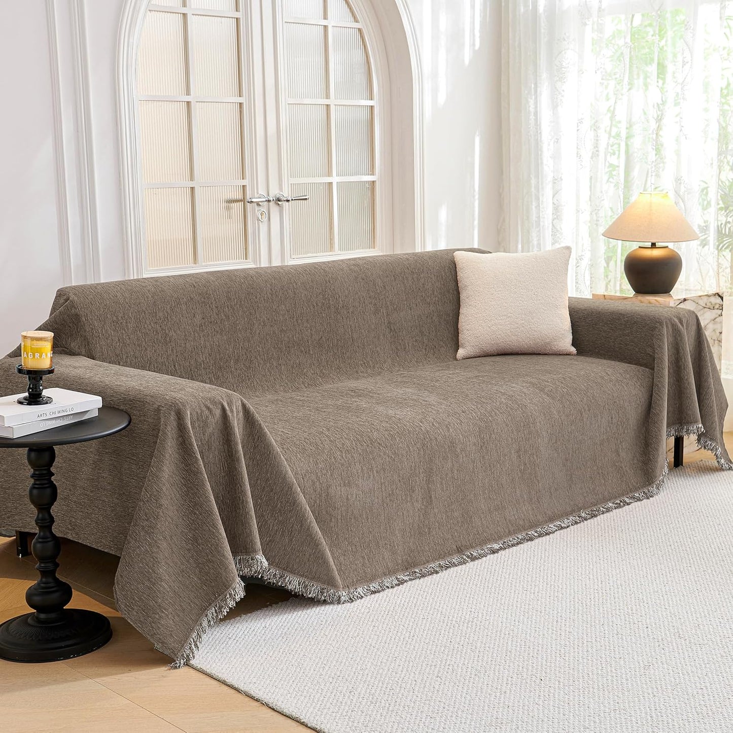 MYSKY HOME Couch Cover for Dogs, Washable Couch Covers, Non Slip Sofa Cover, Couch Cover 2 Cushion Sofa Dogs Furniture Protector with Tassels, Chenille Sofa Slipcover for Pets, 71"x118", Dark Grey
