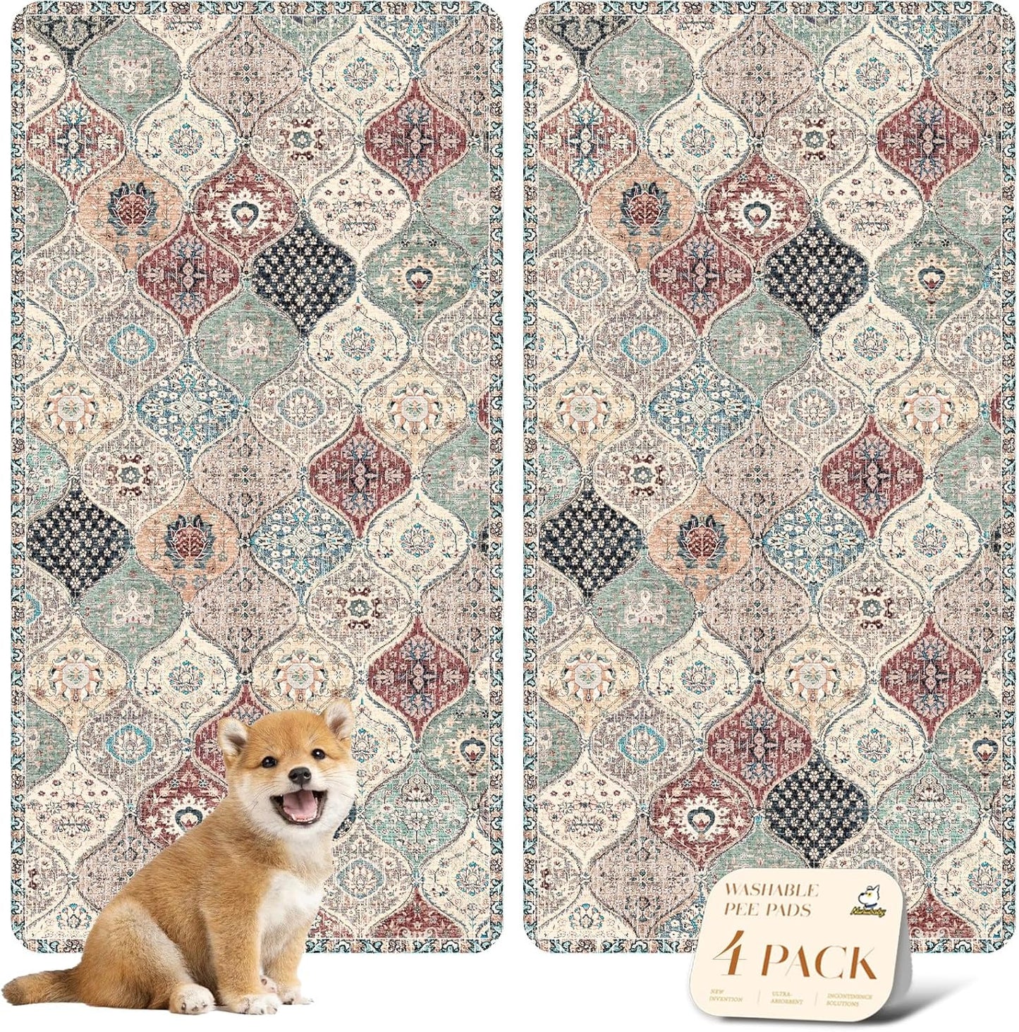 nunubaby Washable Pee Pads for Dogs, Stylish, Non-Slip and Leak-Proof Pee Pads. Reusable Potty Pads for Dogs for Crates and Floors.(Beige/Multi, 24" x48" )