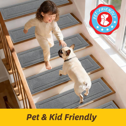 Non-Slip Stair Treads for Wooden Steps Indoor, 15 Pack 8" X 30" Edging Stair Rugs with TPE Backing, Carpet Stair Treads for Kids Elders & Pets, 100% Polyester Soft Stair Runners, Brown