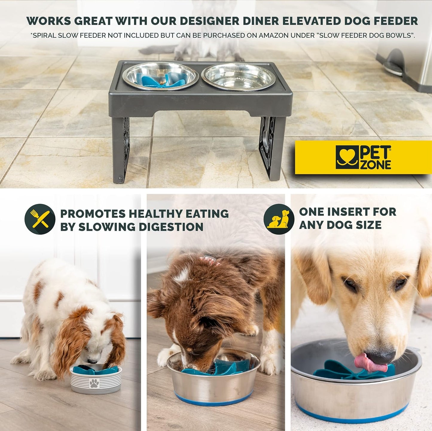 Pet Zone Elevated Dog Bowls Designer Diner 3 Height Adjustable Raised Dog Bowl Stand with 2 Stainless Steel Bowls (7 Cup Capacity Each)