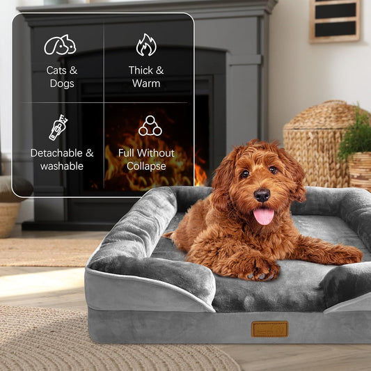 Spotted Play Orthopedic Dog Bed with Sides - Dog Sofa Beds for Medium Dogs, Supportive Foam Pet Couch Bed with Washable Removable Cover, Waterproof Lining and Non-Slip Bottom, Grey - M