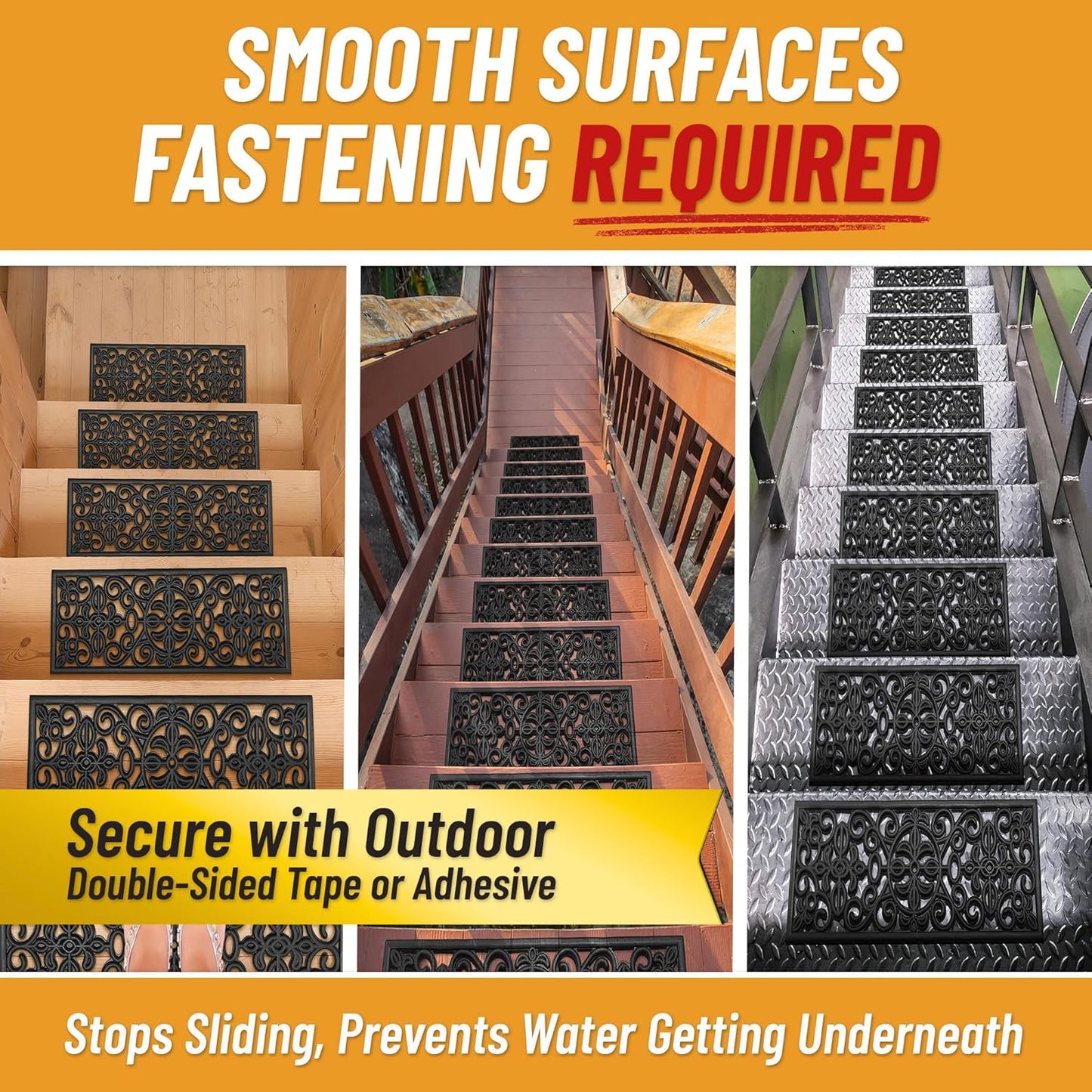 Ottomanson Outdoor Rubber Stair Treads – Ribbed Heavy-Duty Non-Slip Stair Mats – Best Grip on Concrete, Brick & Textured Step – Fastening Recommended for Wooden & RV Steps, Pack of 5