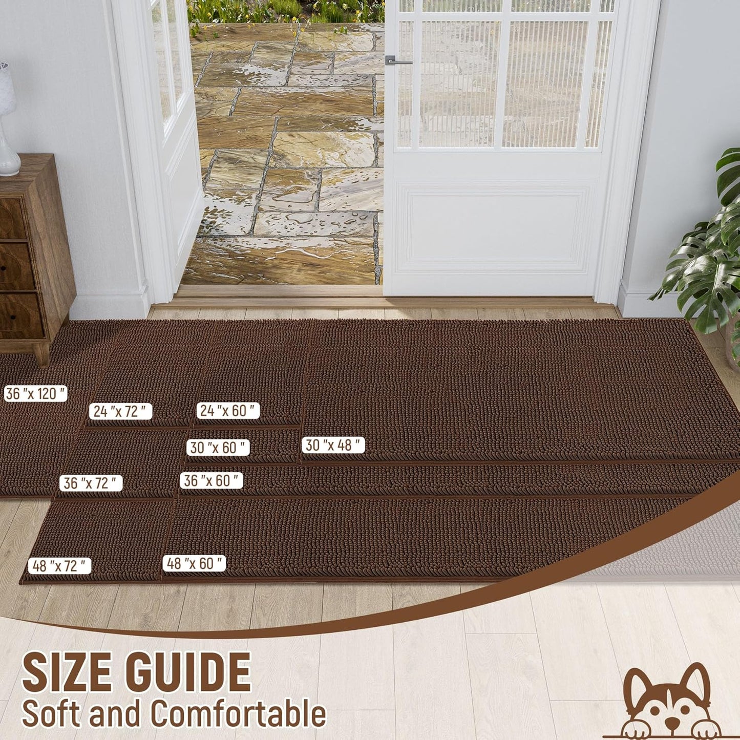 Absorbent Dog Door Mat for Muddy Paws, 60" x 24" Chenille Indoor Mats for Entryway, Trap Dirt Front Door Mat Indoor Entrance Washable Non Slip Soft