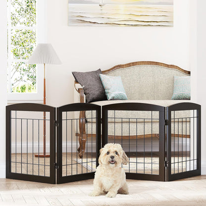 PAWLAND Free Standing Dog Gates for The House Stairs Doorways Indoor Foldable Wooden Small White Puppy Pet Gate Step Over Fence 60" W 24" H 3 Panels