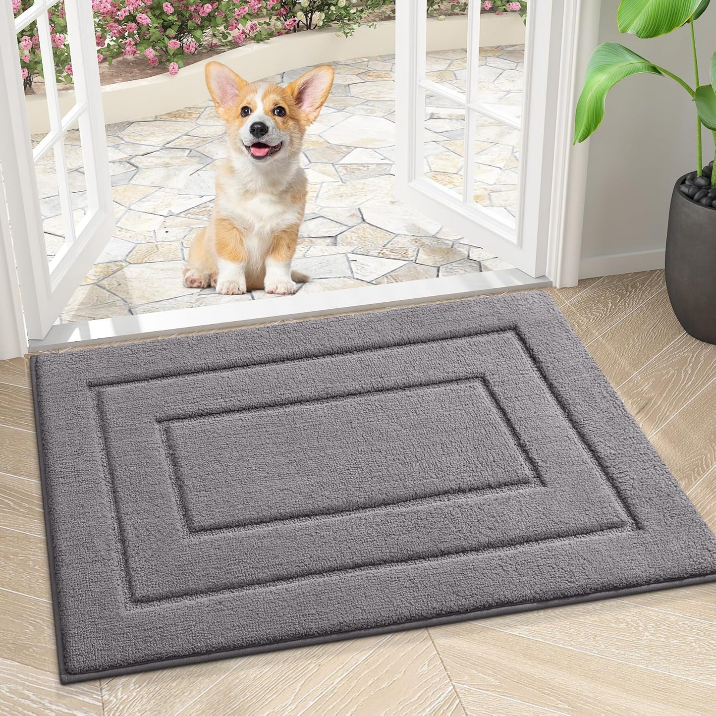 Smiry Dog Door Mat for Muddy Paws, Absorbs Moisture and Dirt, Low-Profile Entryway Mat with Non-Slip Backing, Entry Indoor Outdoor Doormat for Inside Floor (30x20 Inches, Grey, Striped)