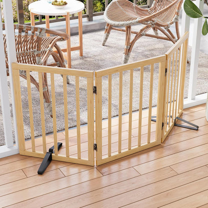 Freestanding Dog Gates Indoor, 3-Panel Pet Gates with 2 Metal Stands and 360° Hinge, 24" H Foldable Dog Gate for Stairs, Doorway, Kitchen, Expands Up to 55" Fully Assembled - Black Walnut