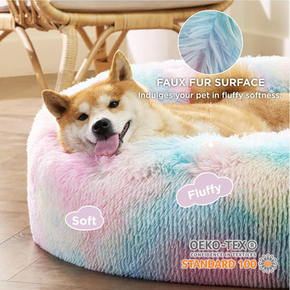 Bedsure Calming Dog Bed Medium Size Dog - Donut Washable Medium Pet Bed, 30 inches Anti-Slip Round Fluffy Plush Faux Fur Cat Bed, Fits up to 45 lbs Pets, Camel