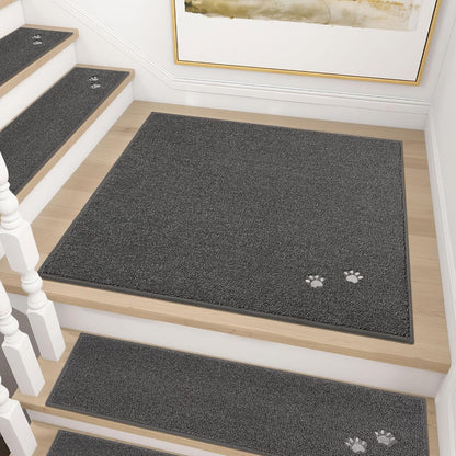 BEQHAUSE Stair Treads for Wooden Steps 28inX9in, Non Slip Carpet Stair Treads Indoor Stair Runners Machine Washable, Soft Stair Rugs Mat Surface Polyester TPE Backing, 4pcs, Charcoal