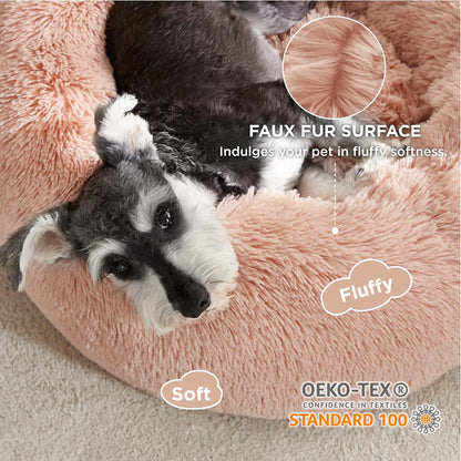Bedsure Calming Dog Bed Medium Size Dog - Donut Washable Medium Pet Bed, 30 inches Anti-Slip Round Fluffy Plush Faux Fur Cat Bed, Fits up to 45 lbs Pets, Camel