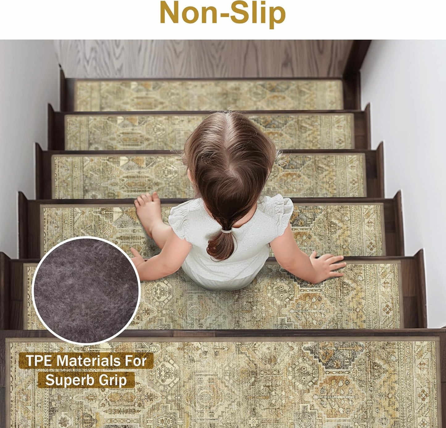 sarben Non Slip Stair Treads for Wooden Steps 15PCS - 8"x30" Indoor Safety Carpet, Edging Mats with TPE Adhesive Backing, Pet and Elderly Friendly Stair Rugs (Taupe) - Colors B
