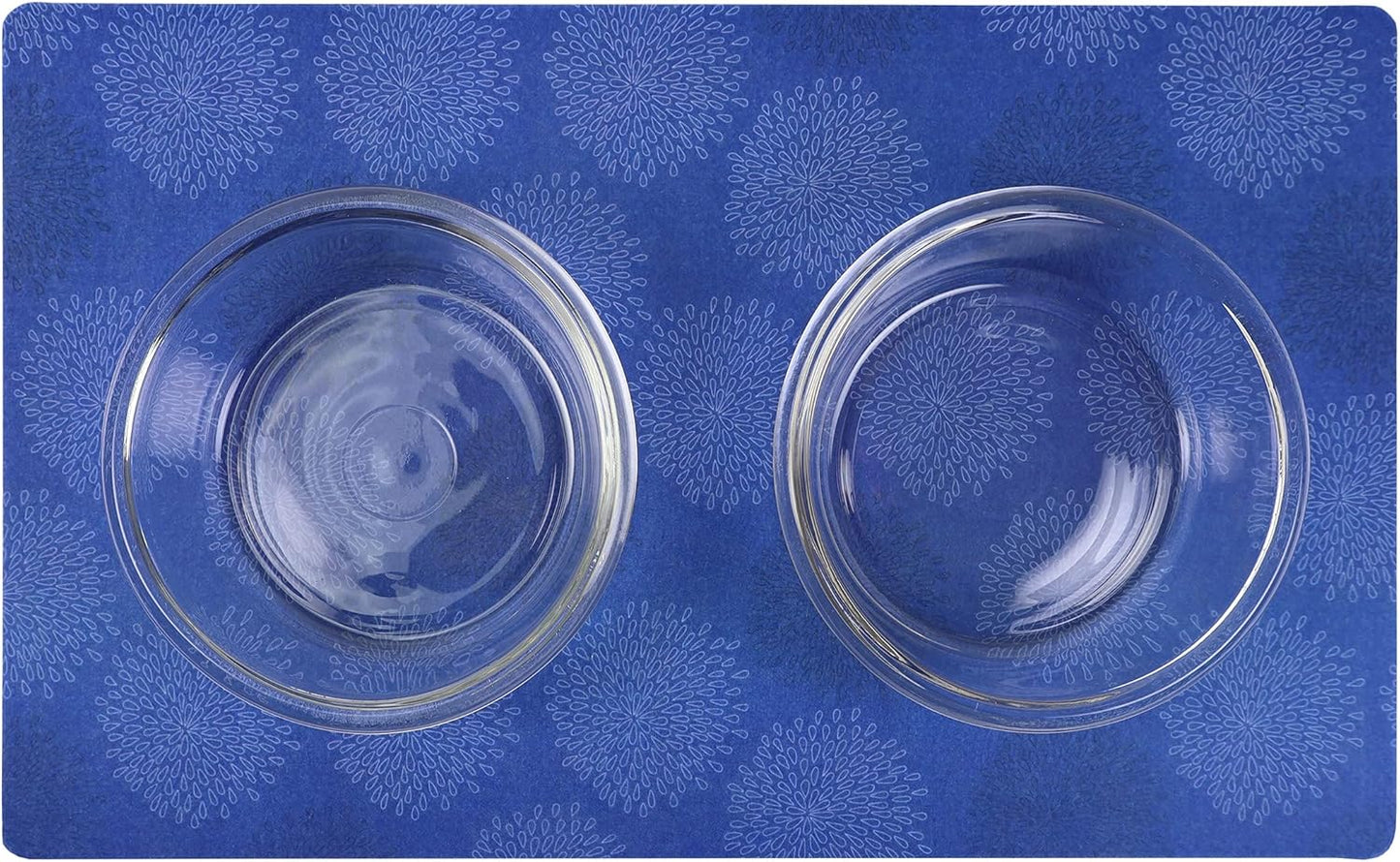 Drymate Pet Bowl Placemat, Dog & Cat Food Feeding Mat - Absorbent Fabric, Waterproof Backing, Slip-Resistant - Machine Washable/Durable (USA Made) (12” x 20”) (Indigo)