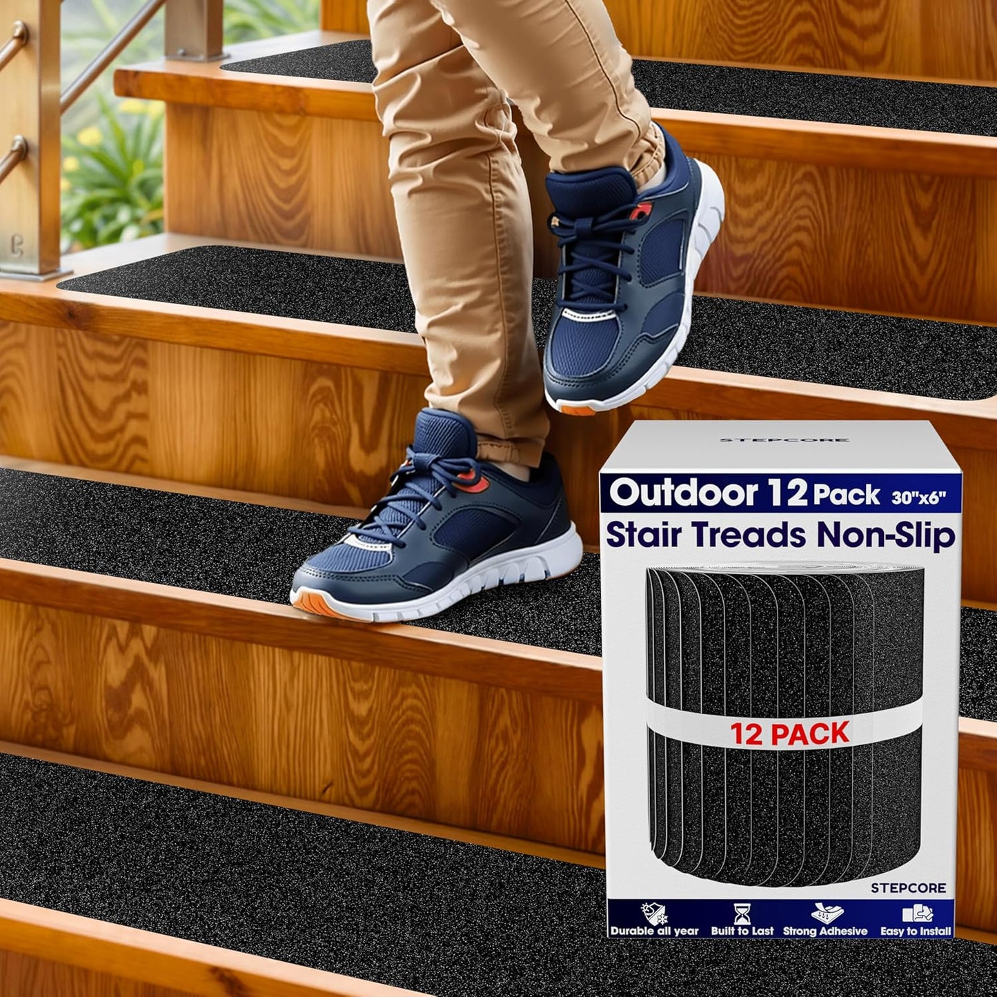 Clear Non Slip Stair Treads for Wooden Steps Indoor 30"x6" – 15-Pack Peel Stick Stair Treads – Self Adhesive Transparent Step Covers – Stair Grip Tape for Dogs, Kids – by STEPCORE