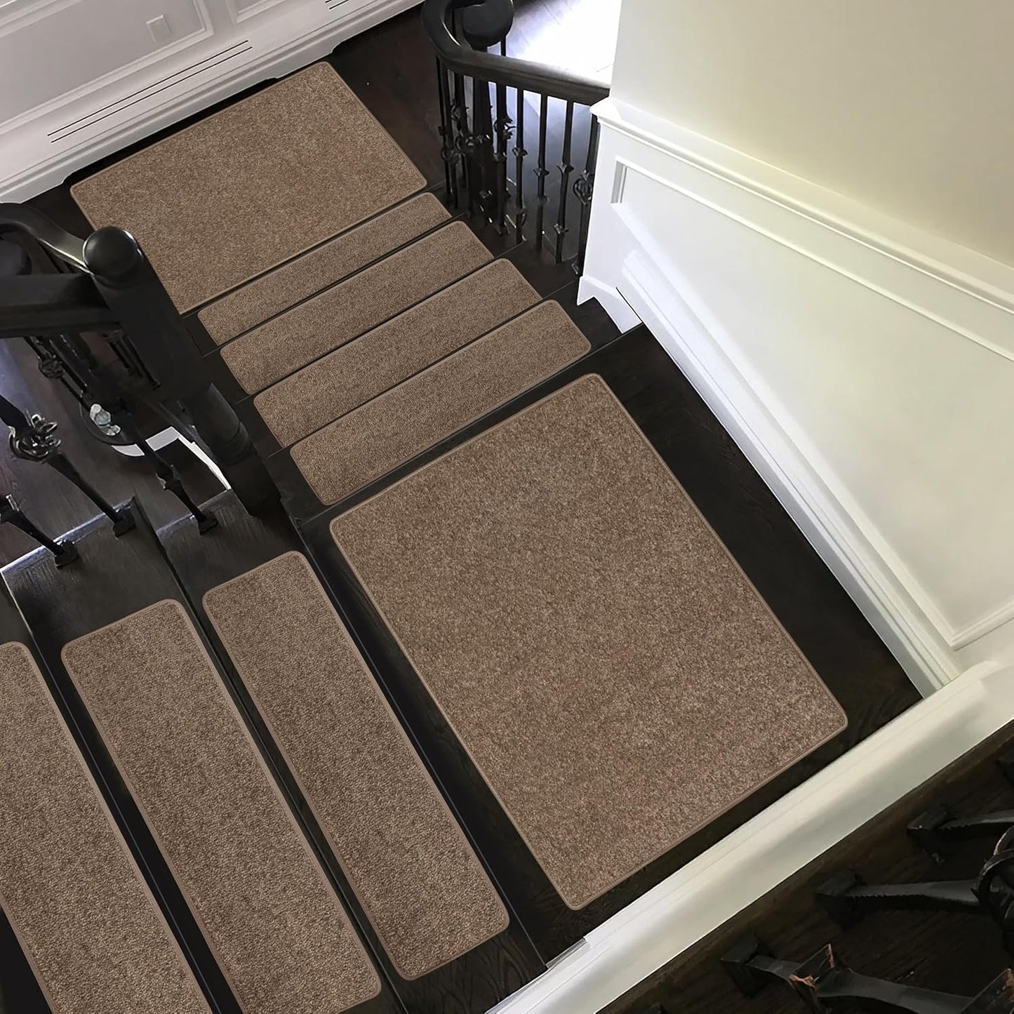 PURE ERA Bullnose Carpet Stair Treads Set Tape Free Non-Slip Indoor Stair Protectors Pet Friendly Rugs Covers Soft Skid Resistant Washable Reusable 9.5" x 30"(14 Pieces,Cream Gray)