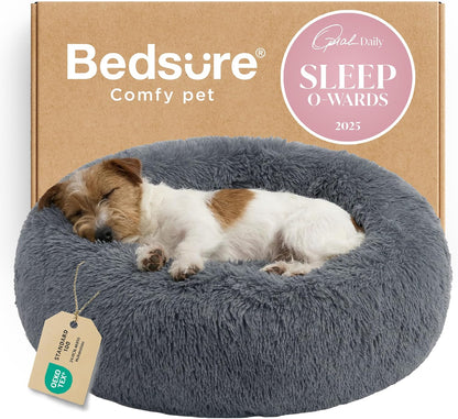 Bedsure Calming Dog Bed Medium Size Dog - Donut Washable Medium Pet Bed, 30 inches Anti-Slip Round Fluffy Plush Faux Fur Cat Bed, Fits up to 45 lbs Pets, Camel