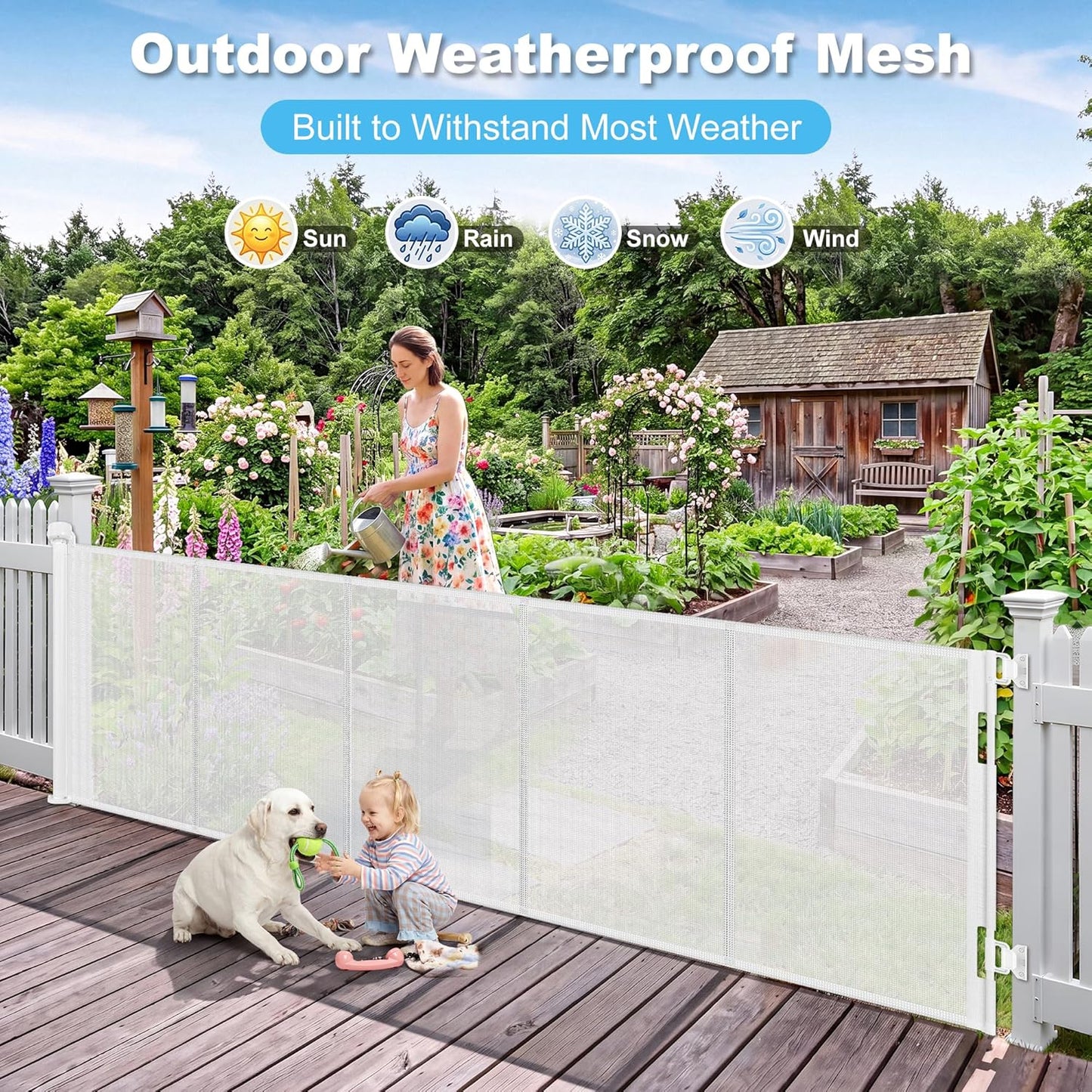 108" Wide Weatherproof Outdoor Retractable Dog Gates Extra Wide with Rust-Proof Stainless Steel Hardware& Waterproof Mesh, Reinforced 9 Ft Extra Long Retractable Baby Gate to Prevent Crawling Through