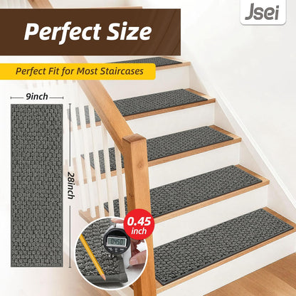 JSEI Stair Treads for Wooden Steps, 14 Pack 9" X 28" Non-Slip Machine Washable Carpet Stair Treads with TPE Backing, Soft Indoor Stair Rug Runner for Kids Elders & Pets, 100% Polyester, Greyish Brown