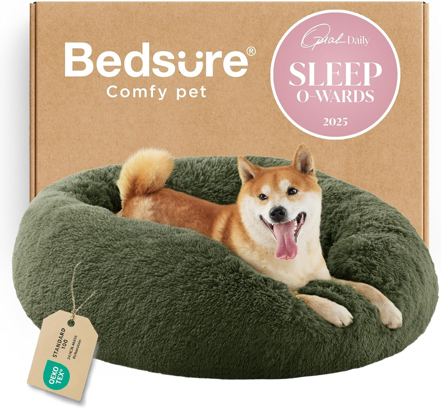 Bedsure Calming Dog Bed Medium Size Dog - Donut Washable Medium Pet Bed, 30 inches Anti-Slip Round Fluffy Plush Faux Fur Cat Bed, Fits up to 45 lbs Pets, Camel