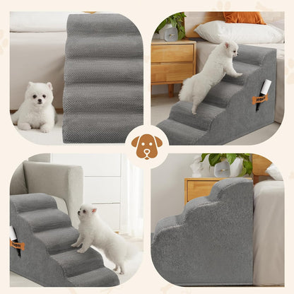 Romrol Dog Stairs Ramp for High Beds Couches, High Density Foam Pet Steps with Durable Non-Slip Waterproof Fabric Cover, Dog Stairs for Small Dogs or Cats or Pets, 5-Step, 22 Inch, Grey