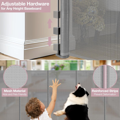 Reinforced 56" Wide Retractable Baby Gates for Doorways with Support Rods - Prevent Crawling Under Retractable Gate, Mesh Pet Gate for Stairs Retractable Dog Gates for The House Indoor/Outdoor, Black
