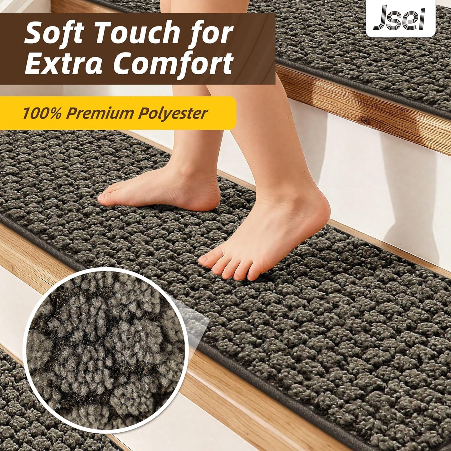 JSEI Stair Treads for Wooden Steps, 14 Pack 9" X 28" Non-Slip Machine Washable Carpet Stair Treads with TPE Backing, Soft Indoor Stair Rug Runner for Kids Elders & Pets, 100% Polyester, Greyish Brown
