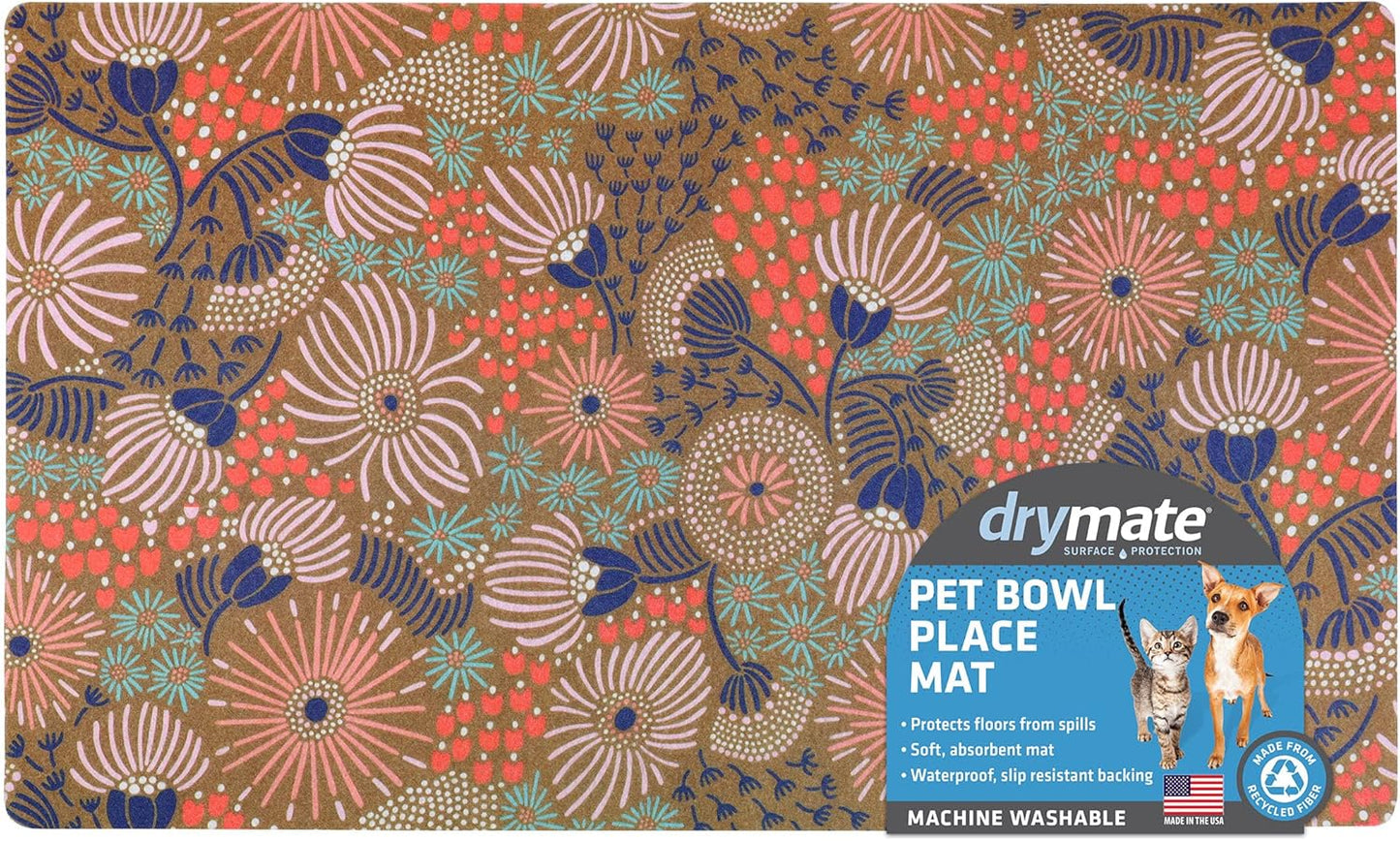 Drymate Pet Bowl Placemat, Dog & Cat Food Feeding Mat - Absorbent Fabric, Waterproof Backing, Slip-Resistant - Machine Washable/Durable (USA Made) (12” x 20”) (Indigo)