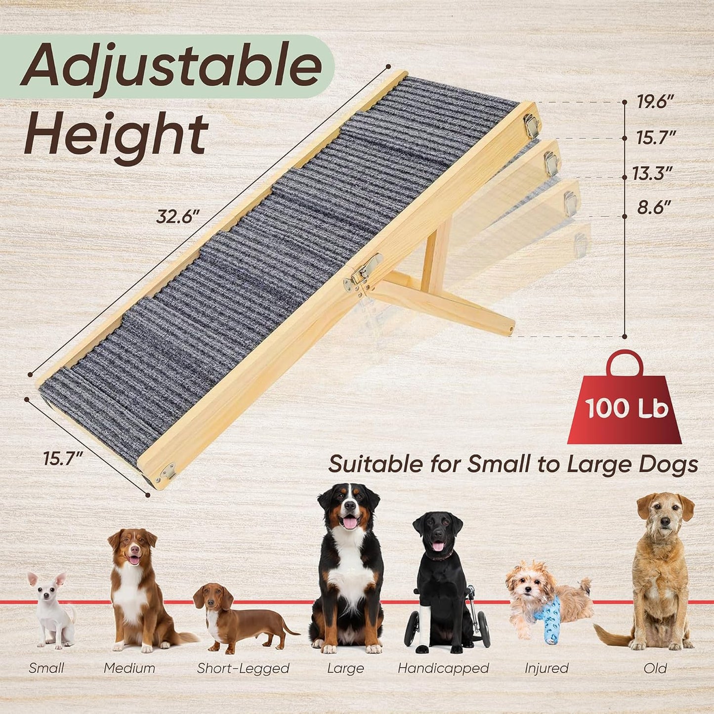 Dog Ramp for Bed – BuddyRamp Wooden Adjustable Pet Ramp 32.7” x 15.7” x 19.7”, Non-Slip Carpet Surface, Foldable & Portable, Ideal for Large, Medium and Small Dogs
