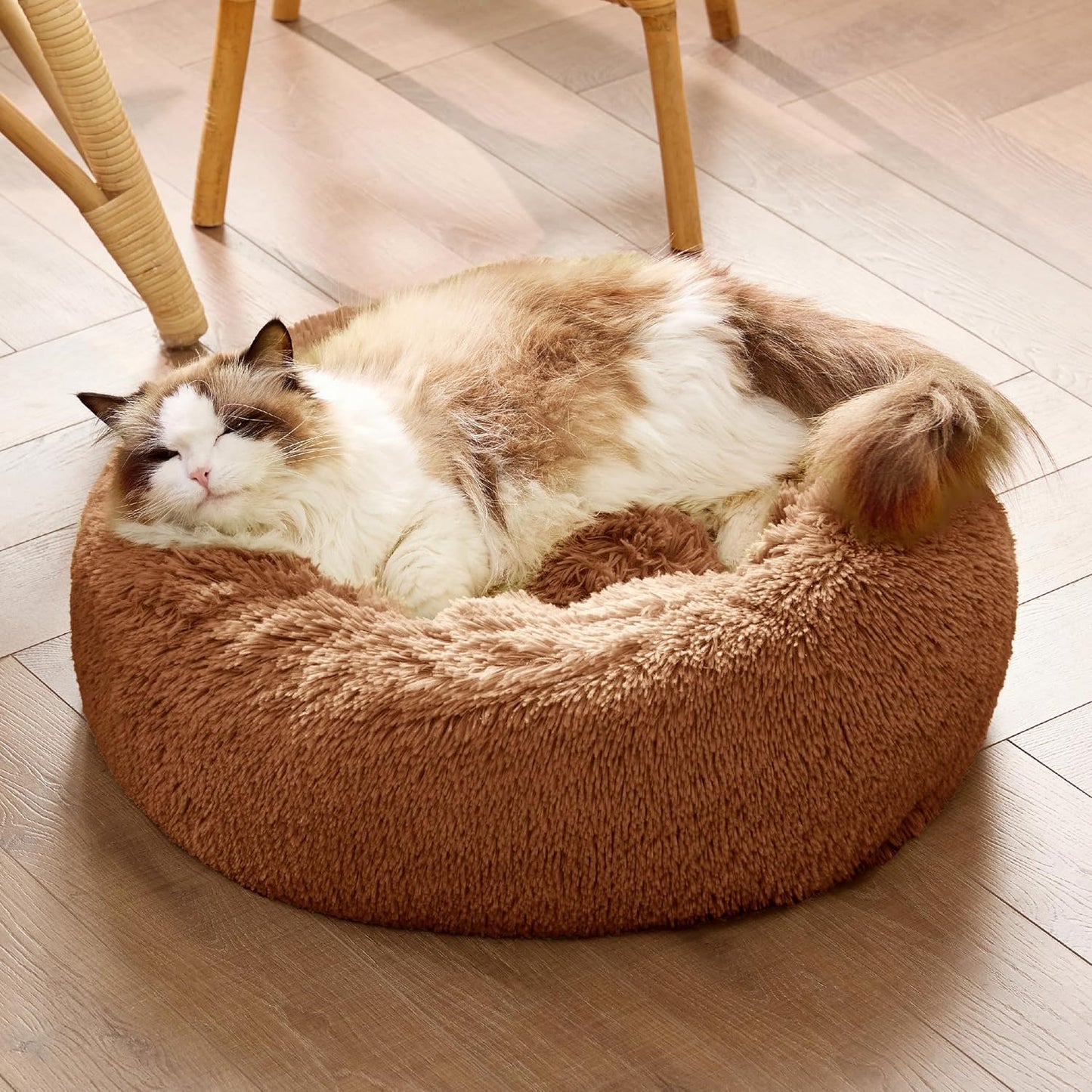 Bedsure Calming Dog Bed Medium Size Dog - Donut Washable Medium Pet Bed, 30 inches Anti-Slip Round Fluffy Plush Faux Fur Cat Bed, Fits up to 45 lbs Pets, Camel