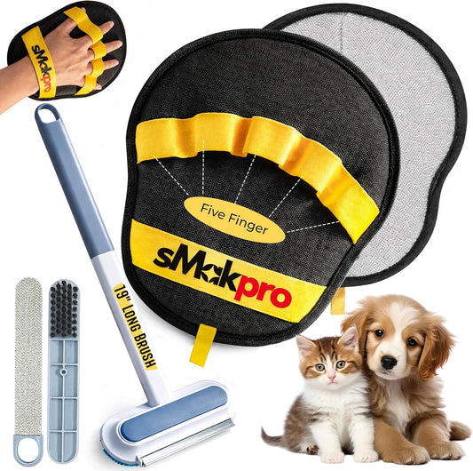 2026 NEW Electrostatic Pet Hair Remover | 19" Adjustable Handle with Five Finger Magic Gloves | Reusable Cat Fur Remover Mitt | Dog Grooming Hair Removal Tool for Couch Carpet Bedding Clothes, 2 pcs