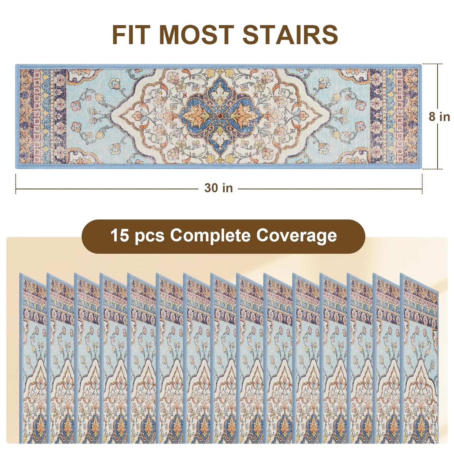 Non Slip Stair Treads for Wooden Steps Indoor, Dark Grey, 15pcs, 30"X8", Soft Carpet Mat, Machine Washable Boho Carpet Treads with Reusable Adhesive Backing, Safety Stair Tread for Dogs, Kids, Elders