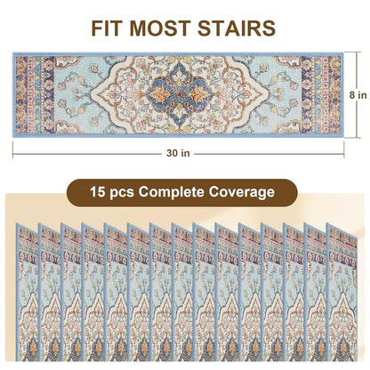 Non Slip Stair Treads for Wooden Steps Indoor, Dark Grey, 15pcs, 30"X8", Soft Carpet Mat, Machine Washable Boho Carpet Treads with Reusable Adhesive Backing, Safety Stair Tread for Dogs, Kids, Elders