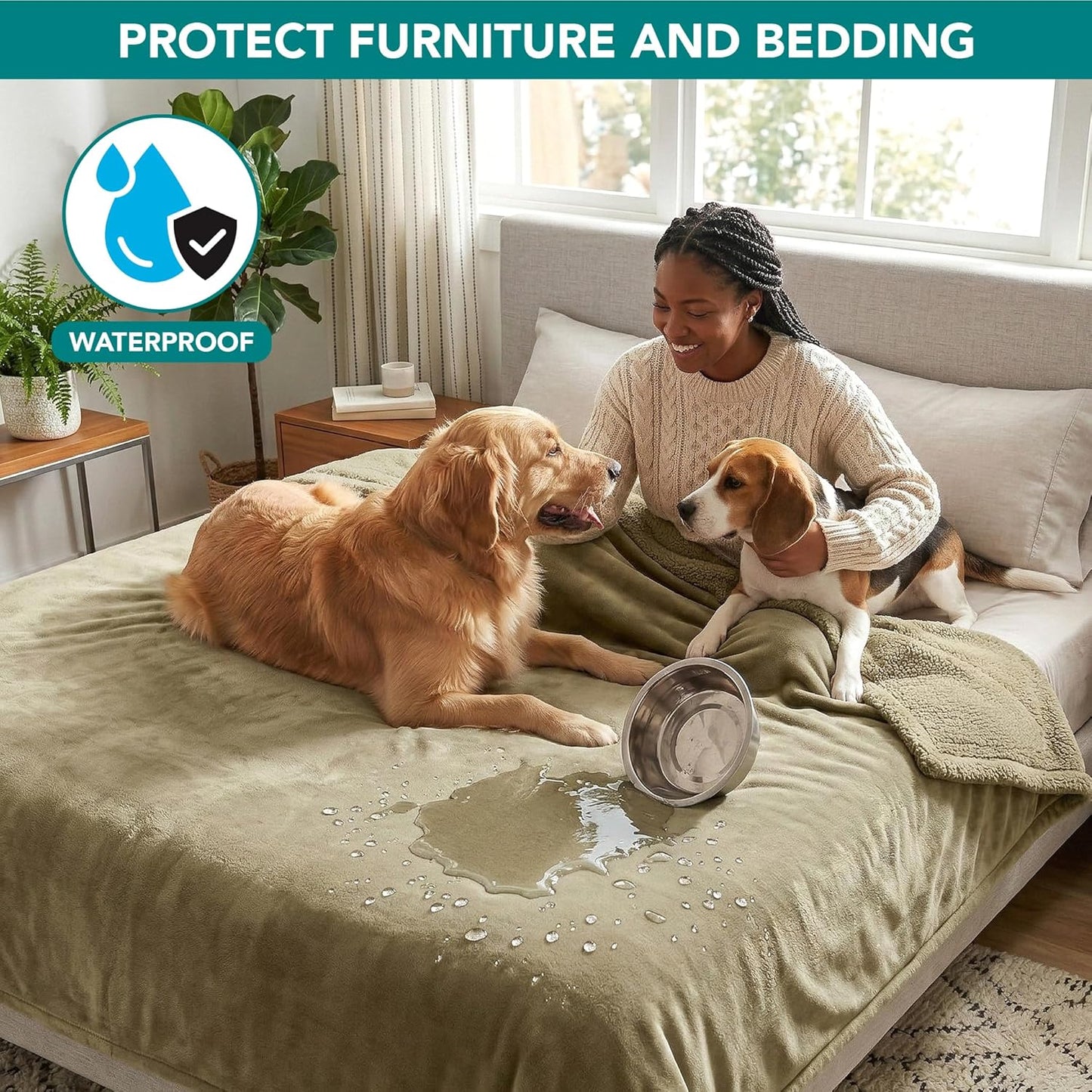 PetAmi Waterproof Dog Blanket for Couch, Large 60x40, Pee Proof Sherpa Fleece Reversible Pet Throw, Furniture Protector for Bed Sofa Kennel, Soft Washable Cover for Medium Dogs Cats, Grey Sherpa