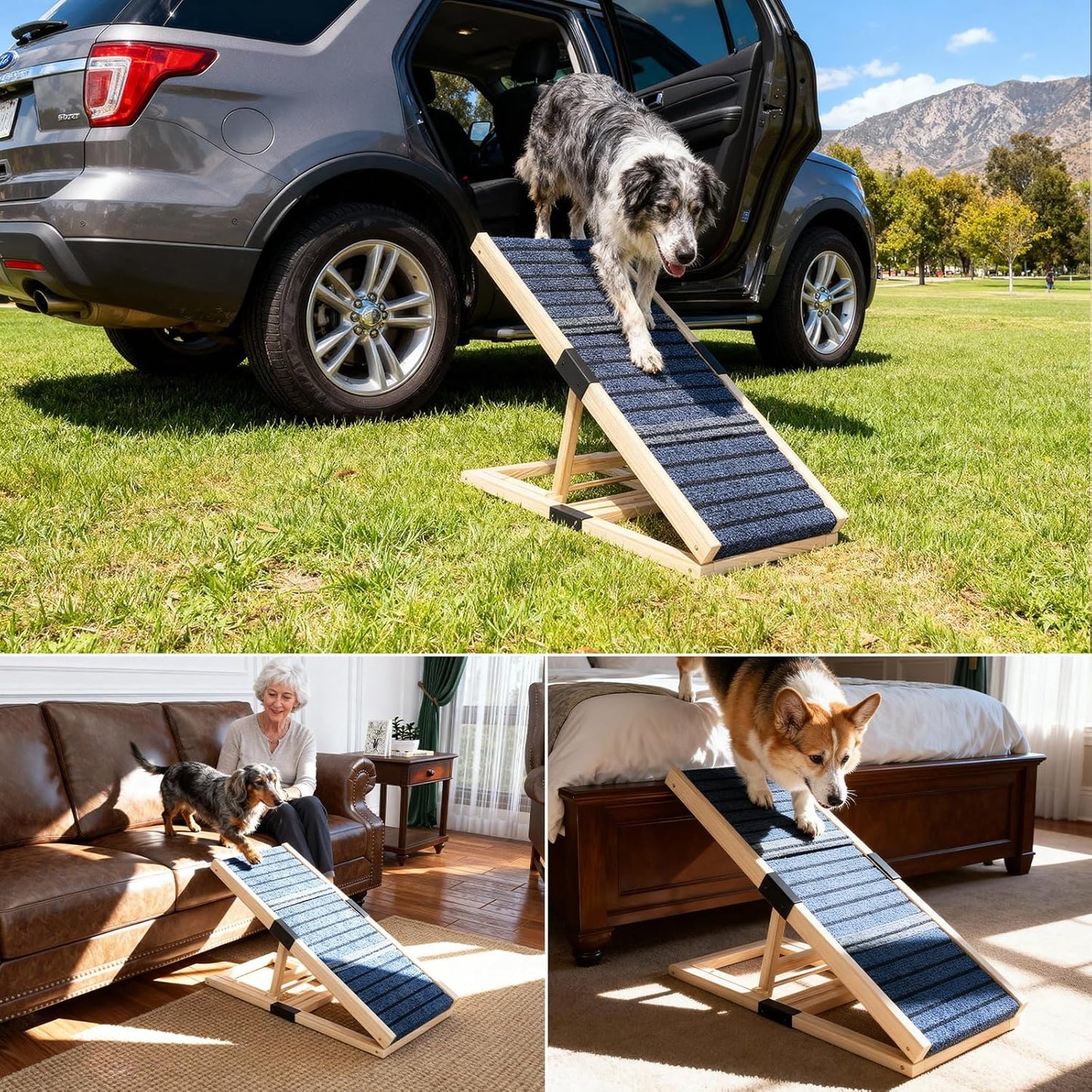 Adjustable Wooden Dog Ramp for Small & Medium Dogs, 27.6" Long x 11.8" Wide Portable Pet Ramp for Bed, Couch, Sofa & Car, Anti-Slip Carpet, Lightweight Foldable Indoor Outdoor Travel Dog Ramp