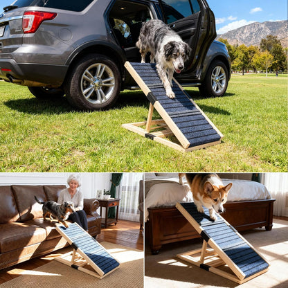 Adjustable Wooden Dog Ramp for Small & Medium Dogs, 27.6" Long x 11.8" Wide Portable Pet Ramp for Bed, Couch, Sofa & Car, Anti-Slip Carpet, Lightweight Foldable Indoor Outdoor Travel Dog Ramp
