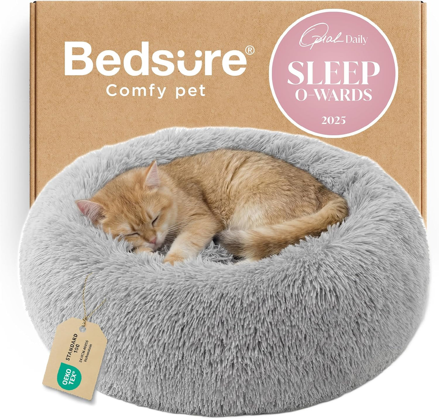 Bedsure Calming Dog Bed Medium Size Dog - Donut Washable Medium Pet Bed, 30 inches Anti-Slip Round Fluffy Plush Faux Fur Cat Bed, Fits up to 45 lbs Pets, Camel