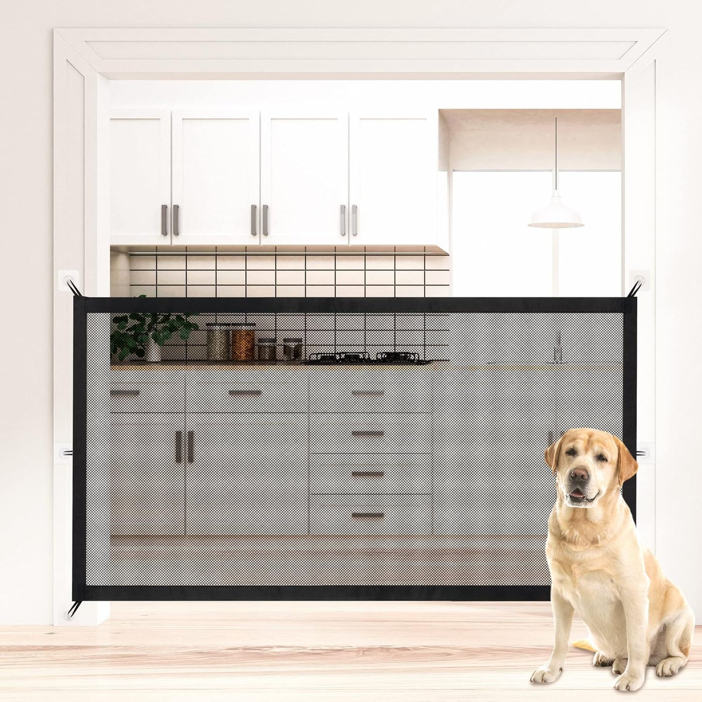 NWK Magic Dog Gate for Stairs Pet Gate for The House Providing a Safe Enclosure for Pets to Play and Rest, 6 Hooks Design (30'' X 43'')