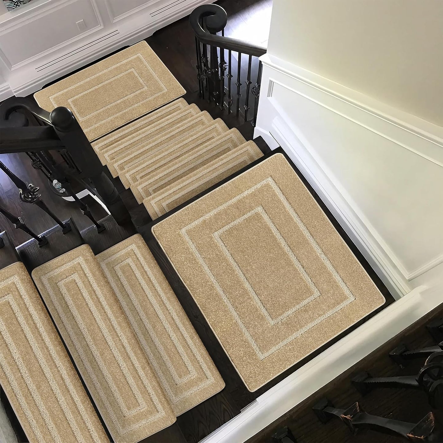 PURE ERA Bullnose Carpet Stair Treads Set Tape Free Non-Slip Indoor Stair Protectors Pet Friendly Rugs Covers Soft Skid Resistant Washable Reusable 9.5" x 30"(14 Pieces,Cream Gray)